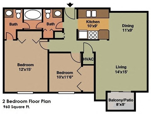 a floor plan of a 2 bedroom floor plan with a kitchen and a bathroom
